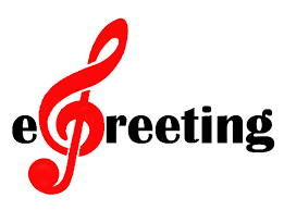 A red treble clef with the word ereeting below it