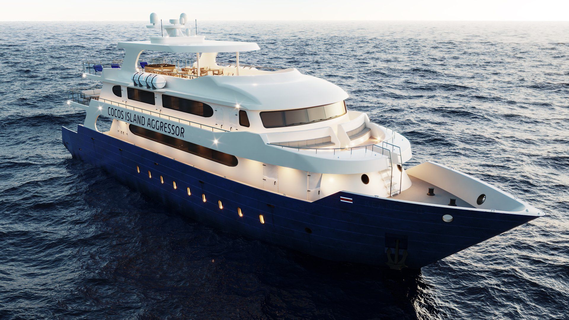 Blue and white yacht on calm ocean water.
