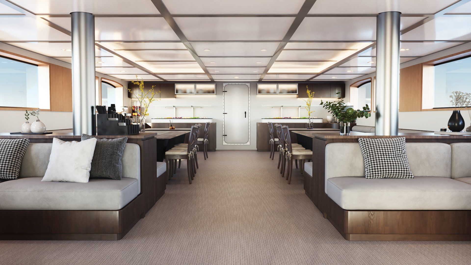 Modern yacht interior: beige sofas, dining tables, glass walls, and ocean views.