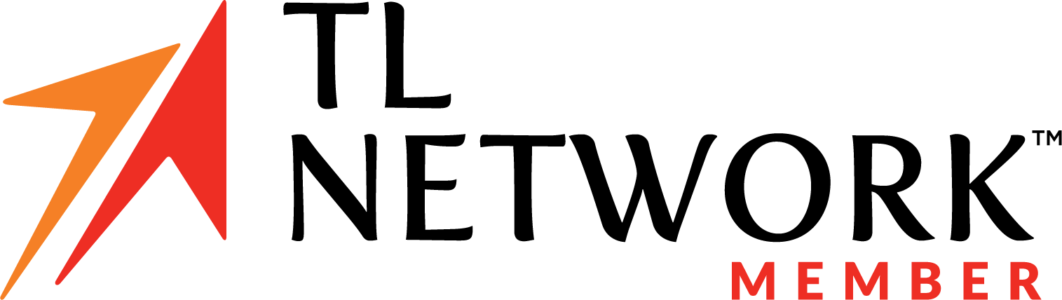 Logo for TL Network with an orange and red upward-pointing arrow. The word