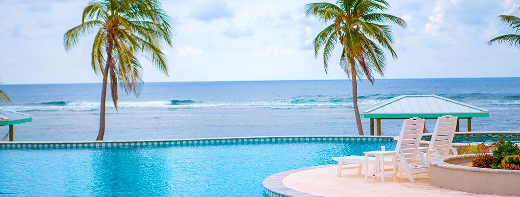 Infinity pool with palm trees overlooking the ocean; beach chairs and gazebo visible. Blue water and sky.