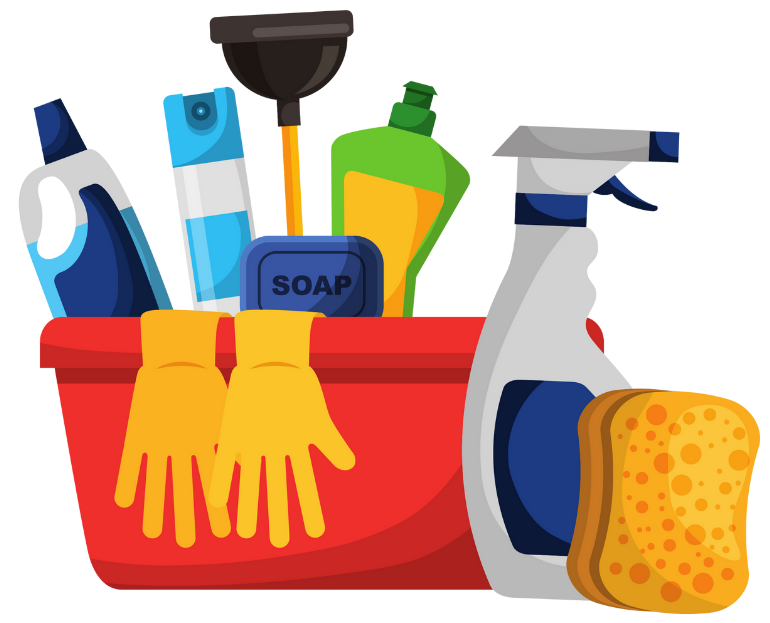 Cleaning supplies in a red bucket: bottles, spray, plunger, gloves, sponge.