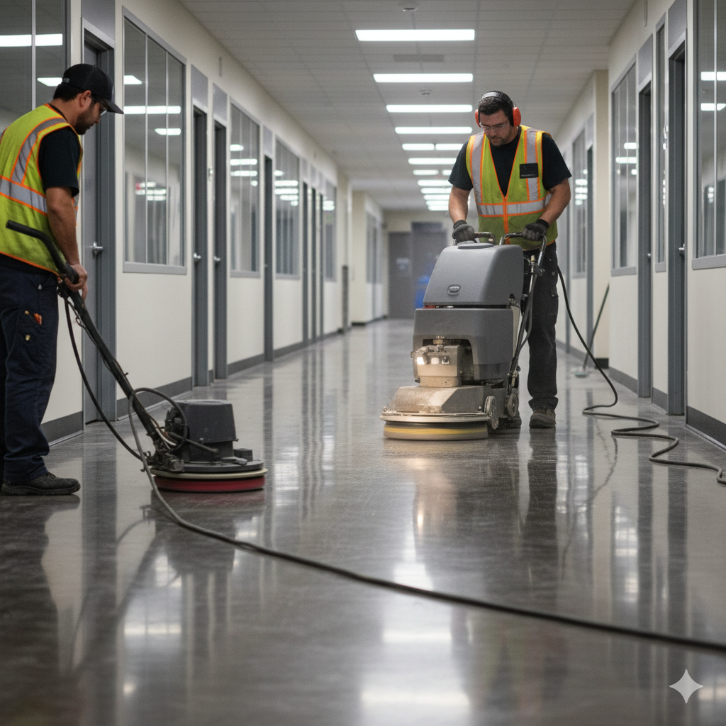 Two workers cleaning shiny floor in a long hallway, using floor scrubbers, wearing safety vests.