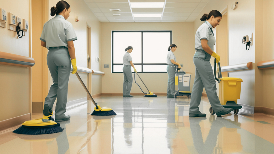 Hospital hallway: Four workers in uniform cleaning floor with brooms and cleaning cart.