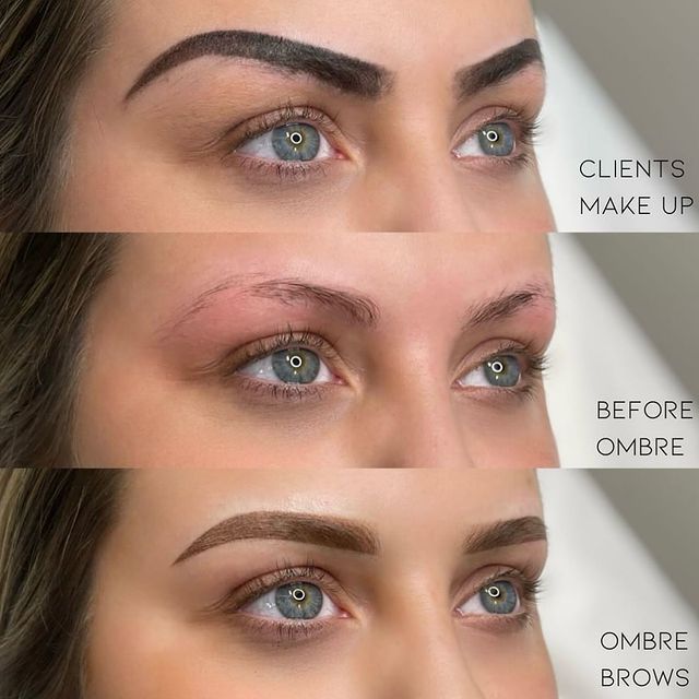 Three pictures of a woman 's eyebrows before and after makeup.