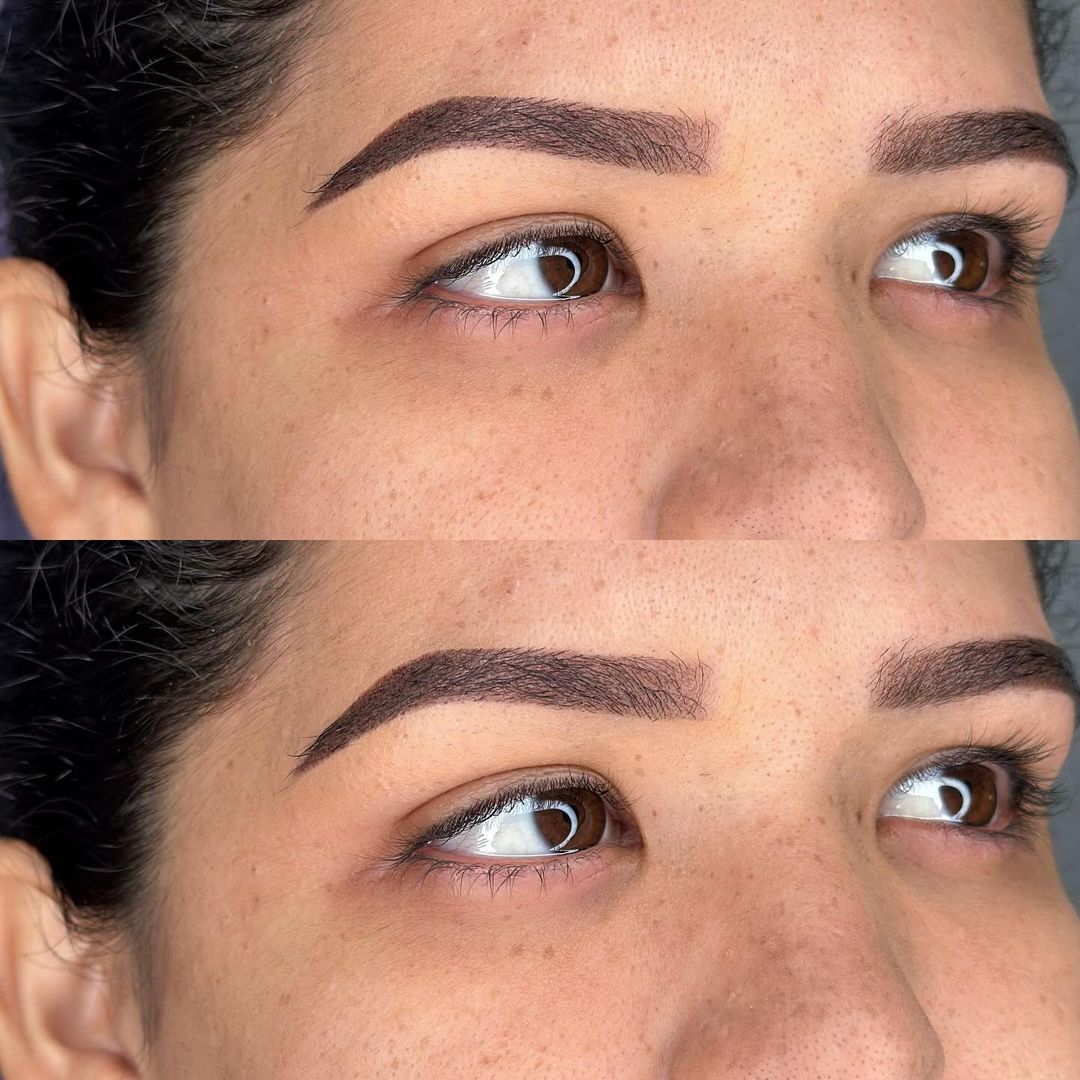 A before and after picture of a woman 's eyebrows.