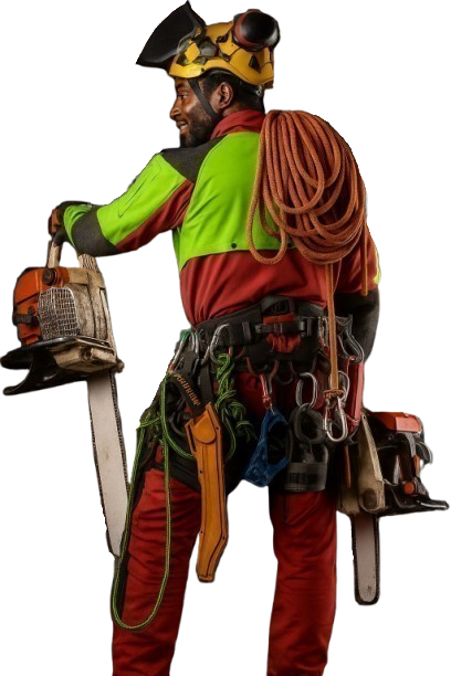 A man wearing a helmet is holding a chainsaw.