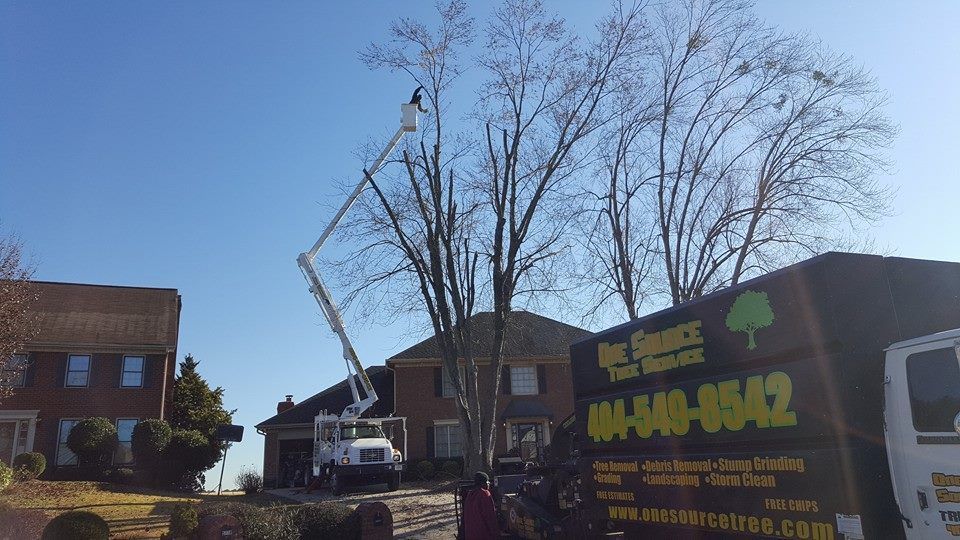 A tree trimming truck is parked in front of a house.