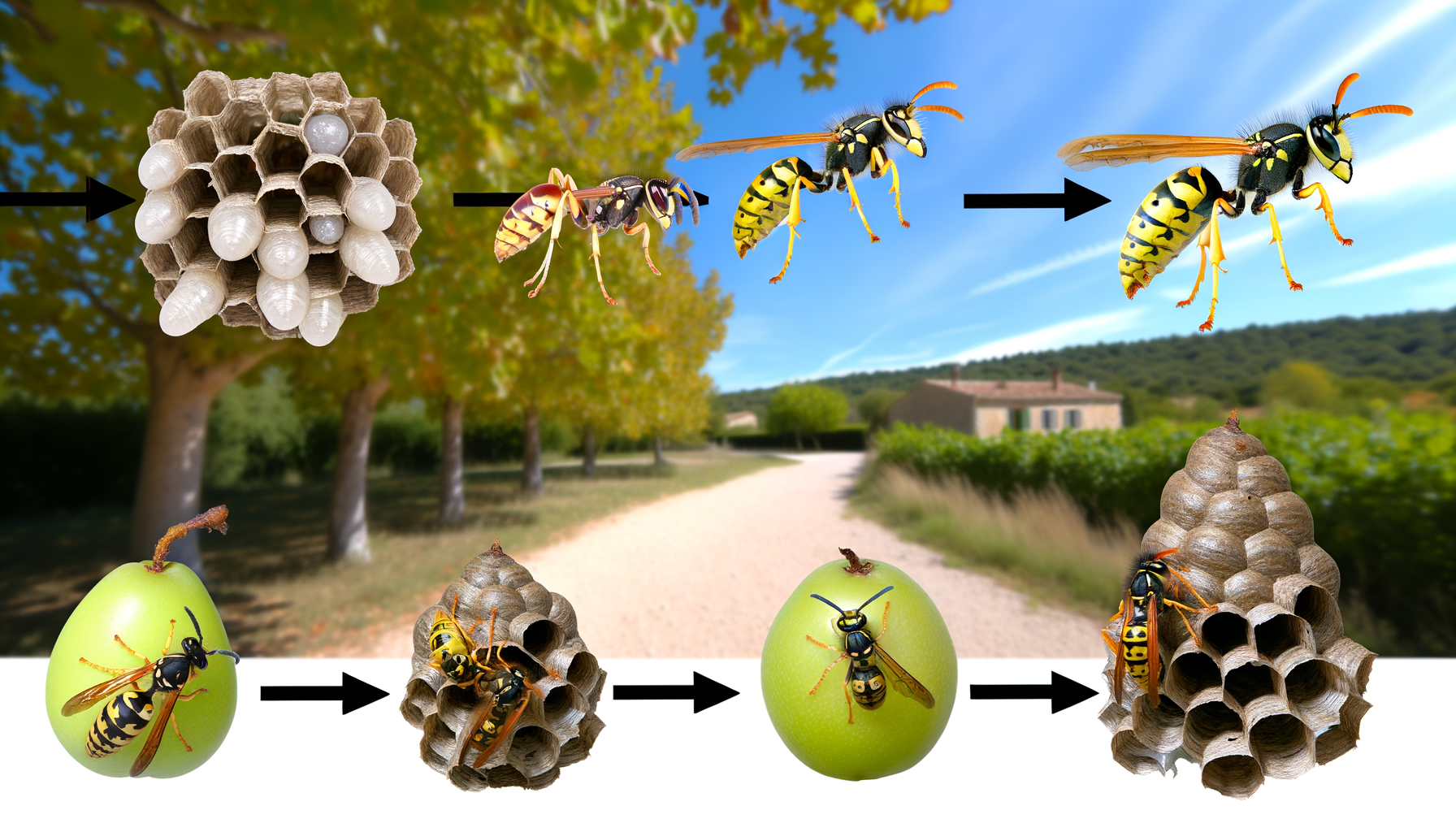Une image montrant le cycle de vie d'une guêpe