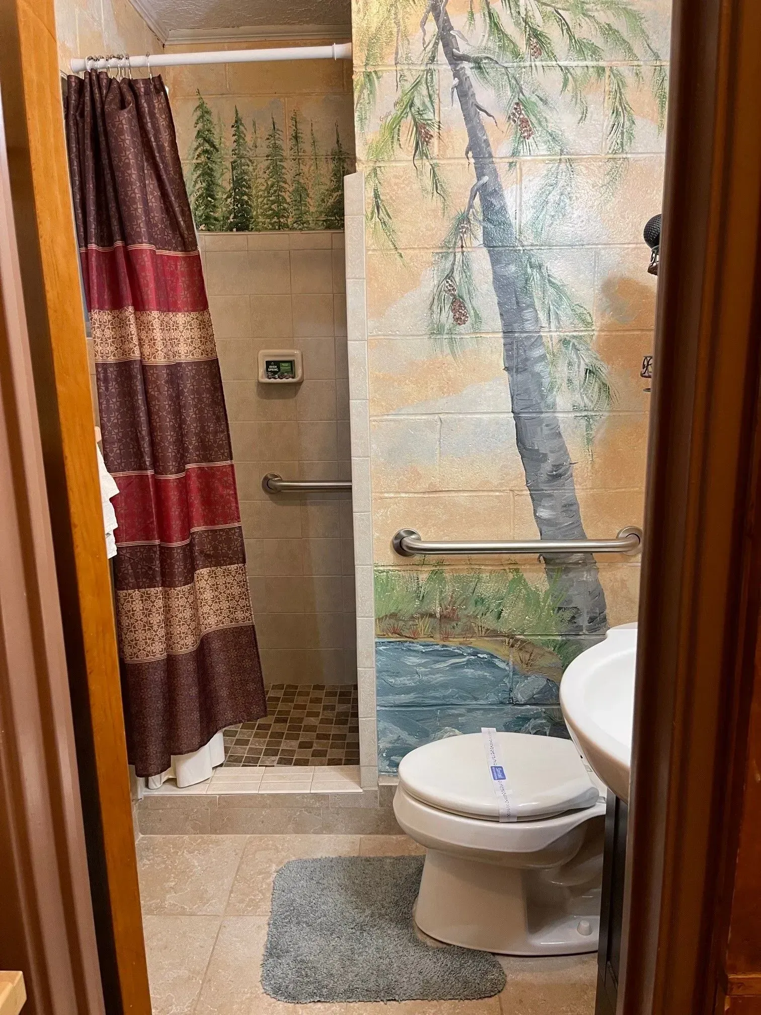 Accessible bathroom with shower, toilet, sink, and a palm tree mural. Brown, red, and blue tones.