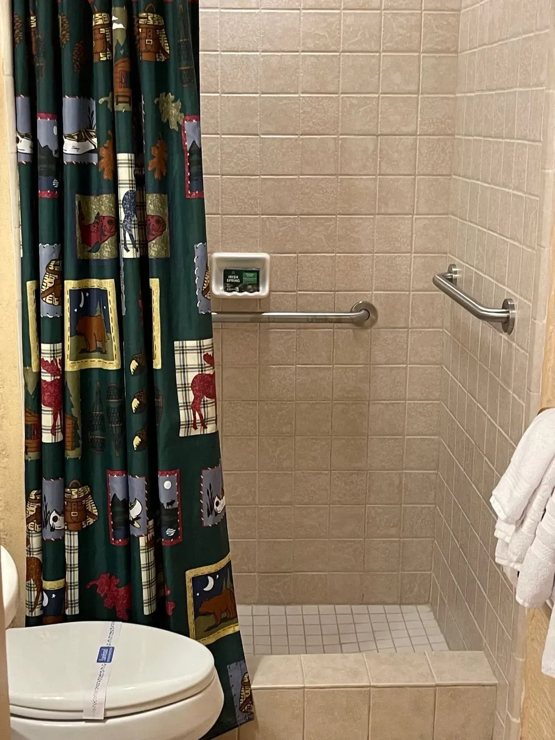 A shower with a curtain, grab bars, and a step-up entrance. Includes a toilet and towels.