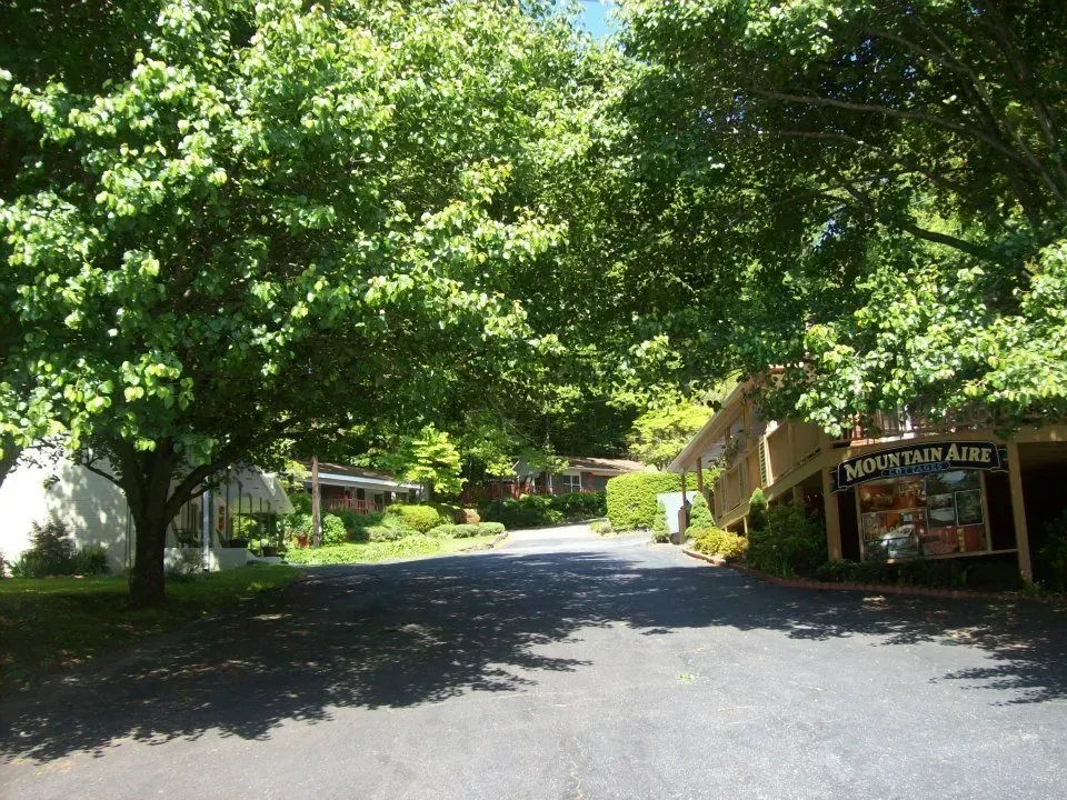 Paved road leading to a motel with a sign that says