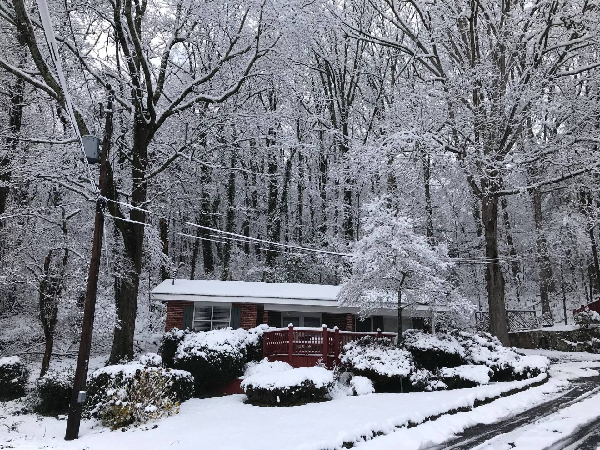 Snow-covered house nestled among snow-laden trees; a wintery scene with a red front porch.