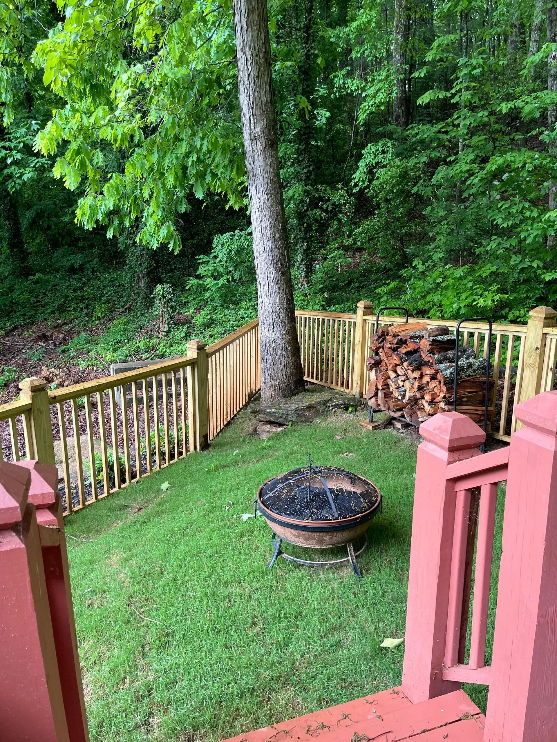Backyard with a fire pit, wood pile, wooden fence, and a tree. Lush green foliage in the background.