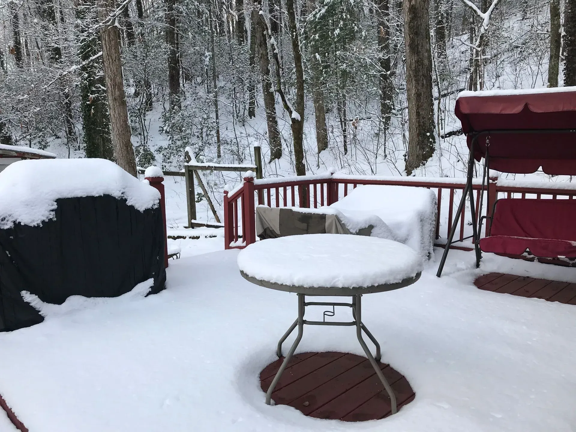 Snow-covered deck with a table, chairs, and swing set against a backdrop of snowy trees.