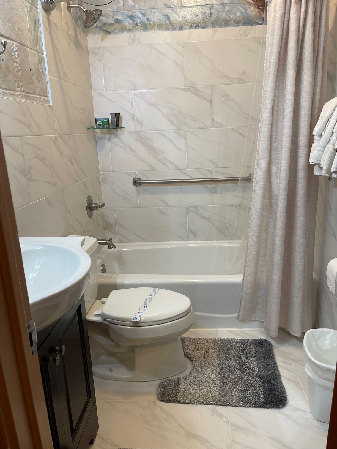 Bathroom with toilet, shower curtain, tree mural, and an owl perched above the curtain.