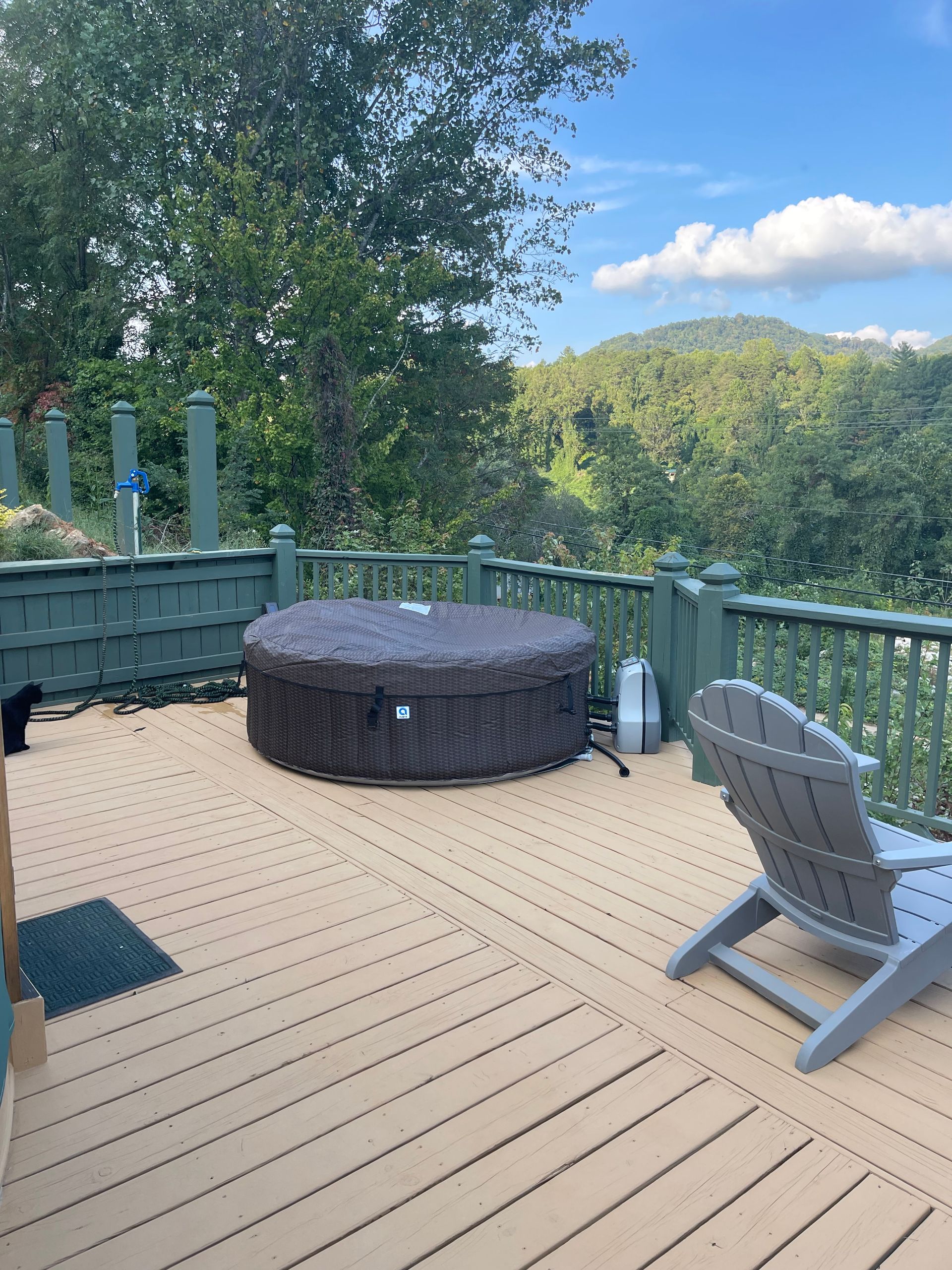 Wooden deck overlooking a green mountain landscape. Green railing and brown deck boards. Cloudy sky.