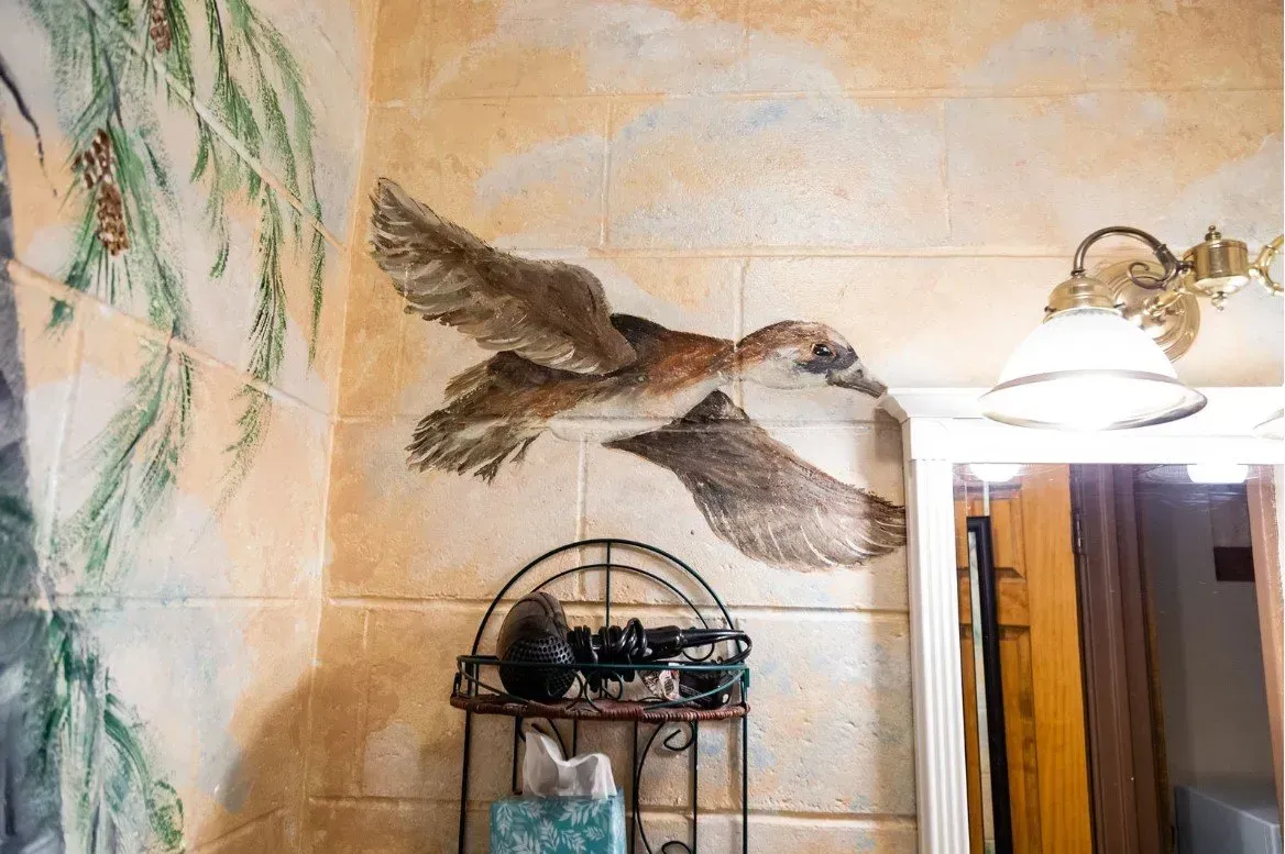 Mural of a flying duck on a textured, beige wall. Includes a decorative shelf, light fixture, and a hint of a tree.