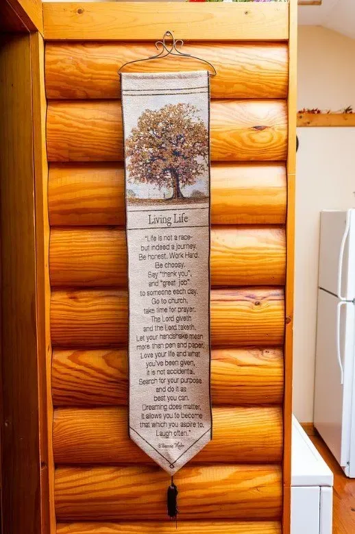 Tapestry with a tree image and text hanging on a wood log wall.