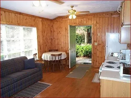 Small cabin interior with wood paneling, couch, table, stove, and open green door.