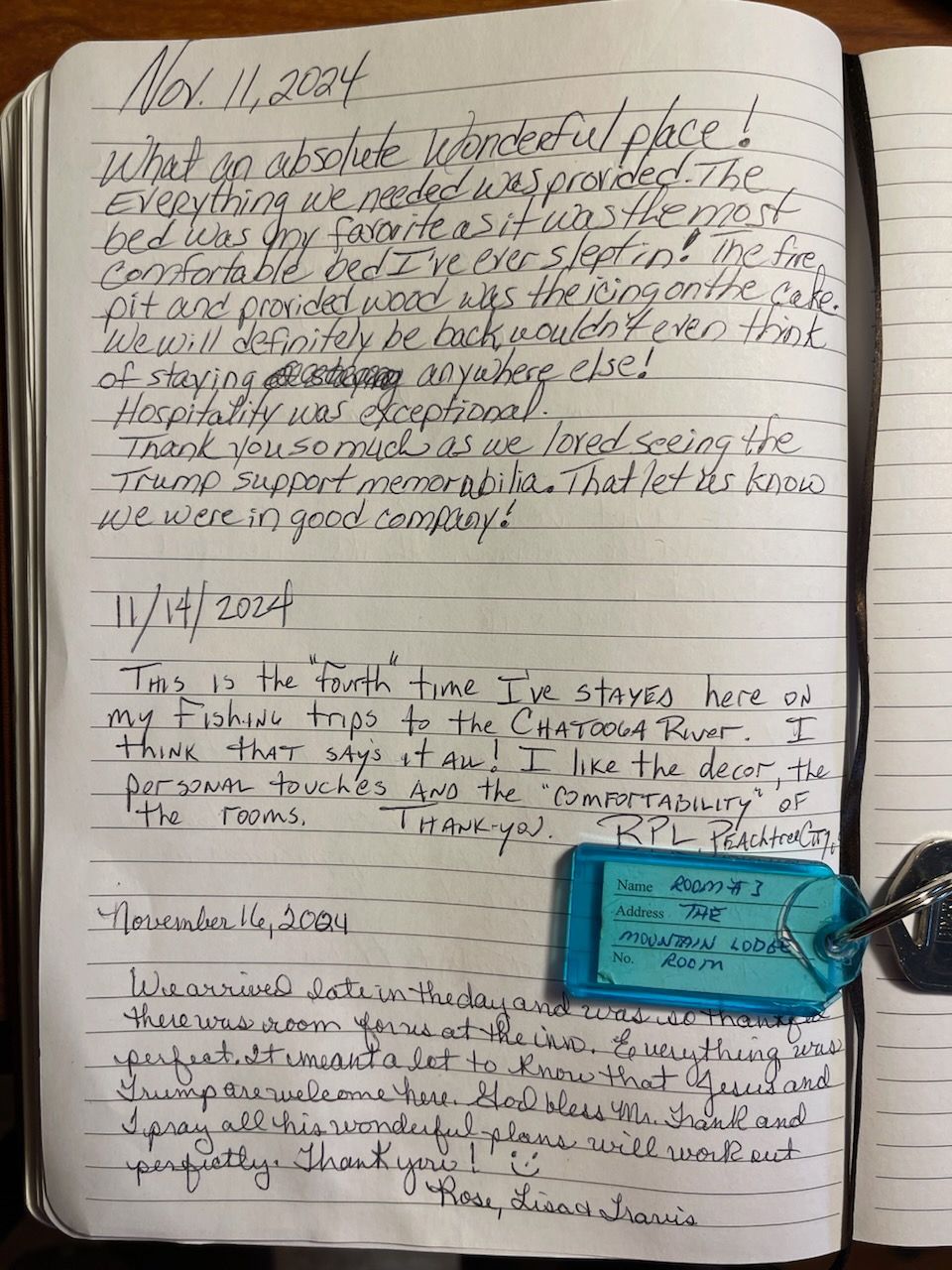 Journal entries with handwriting, dated April 11, 2024, and notes on a cyan tag.