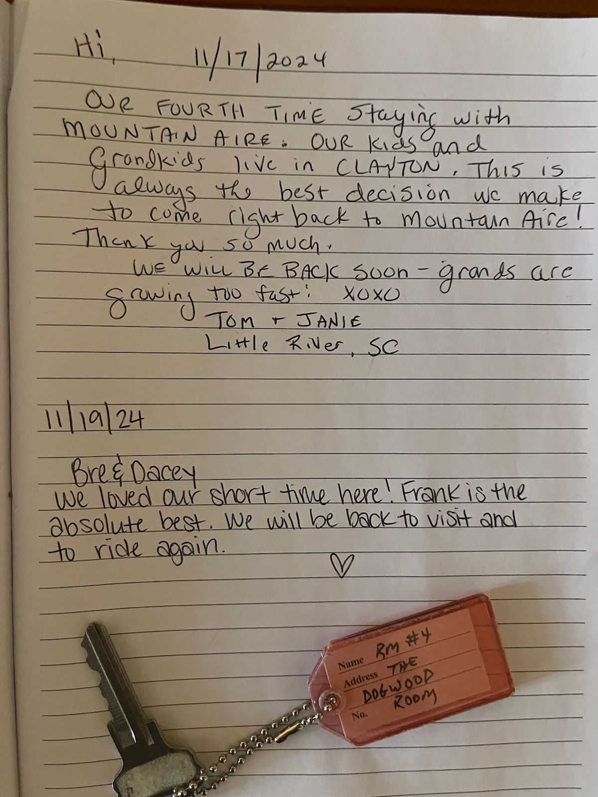 Handwritten note with key. Note says