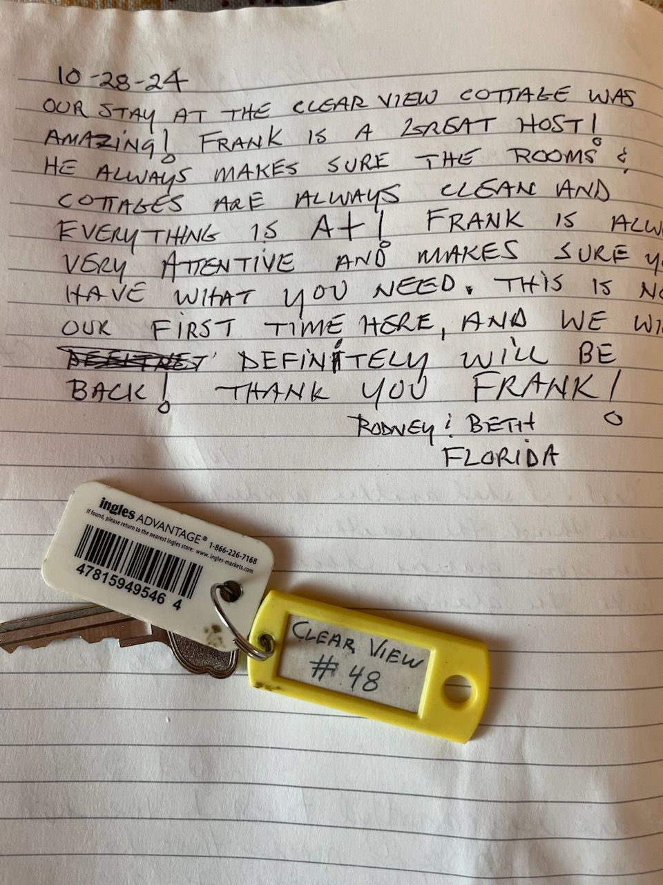 Handwritten note praising