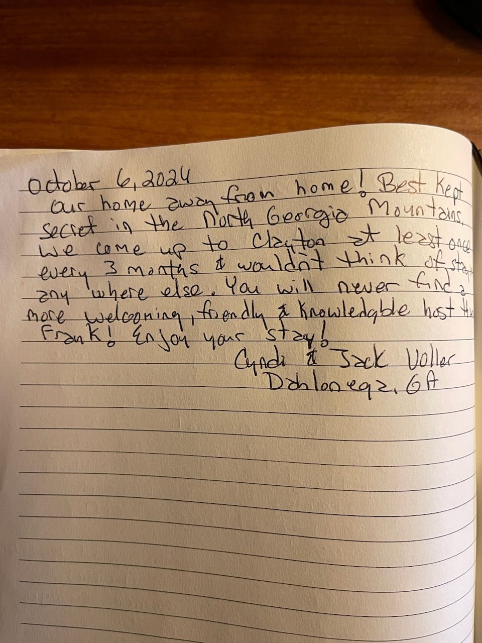 Handwritten note on lined paper, dated October 6, 2024, referencing a home away from home in the North Georgia Mountains.