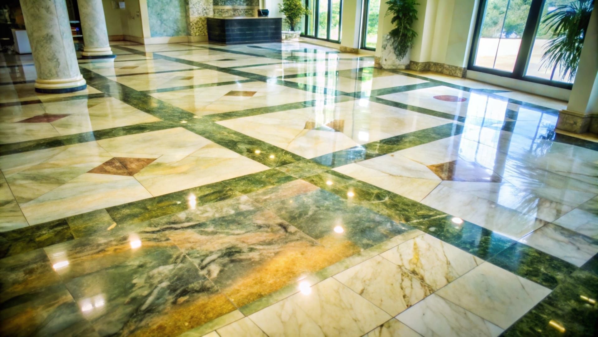 Polished marble floor with green and cream tiles, in a well-lit lobby.
