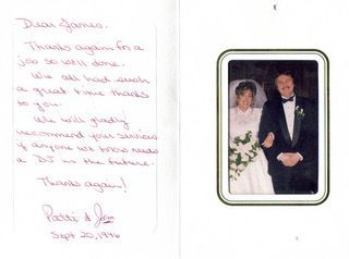 A thank you card with a picture of a bride and groom