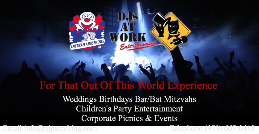 A poster for djs at work advertises weddings birthdays bar/bat mitzvahs children 's party entertainment corporate picnics & events