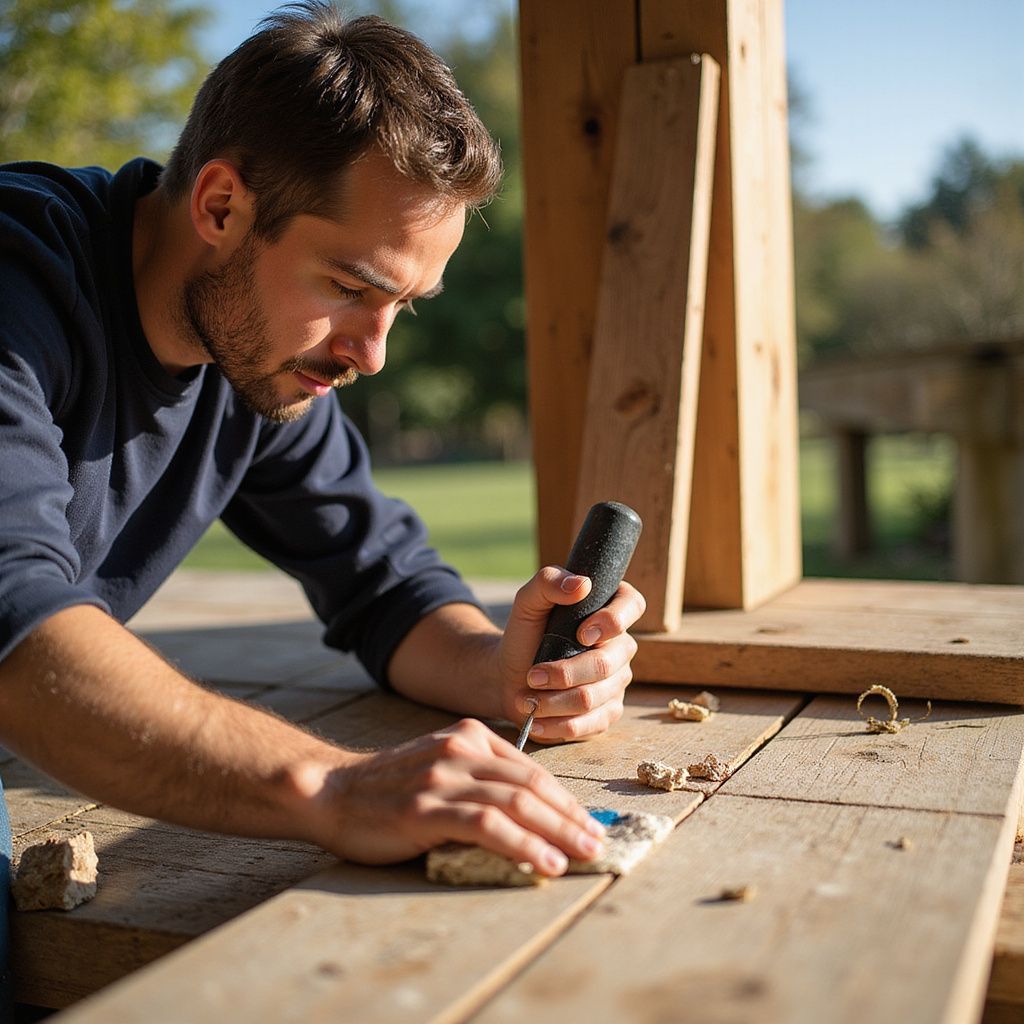 Man using a tool to work on wood outdoors.