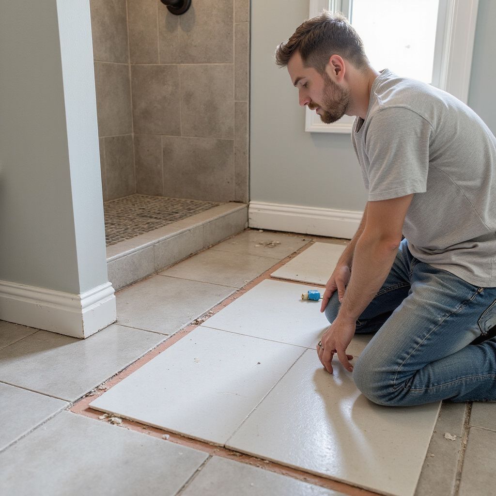 A person kneels, installing tile flooring in a bathroom.