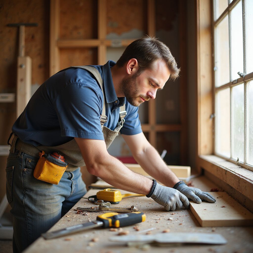 Carpenter wearing work gloves, measuring a wooden plank at a workbench near a window.