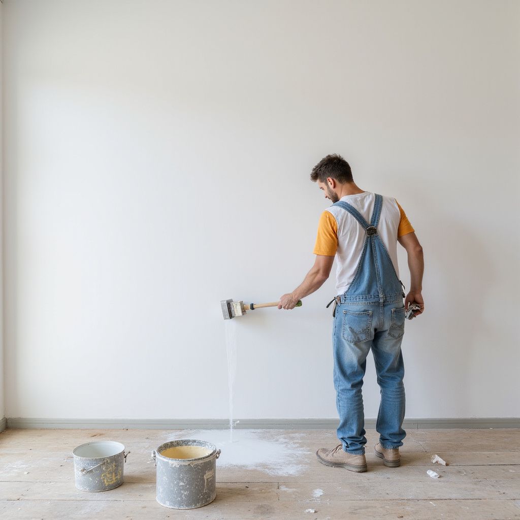 Man in overalls painting a white wall with a roller, paint cans on the floor.