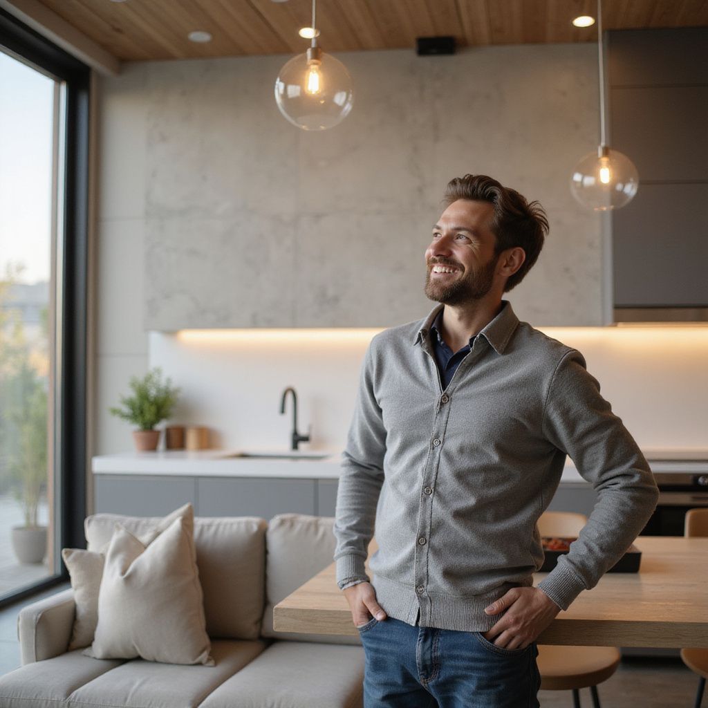Man in casual clothes standing near a kitchen table, smiling and looking up. Modern interior, light colors.