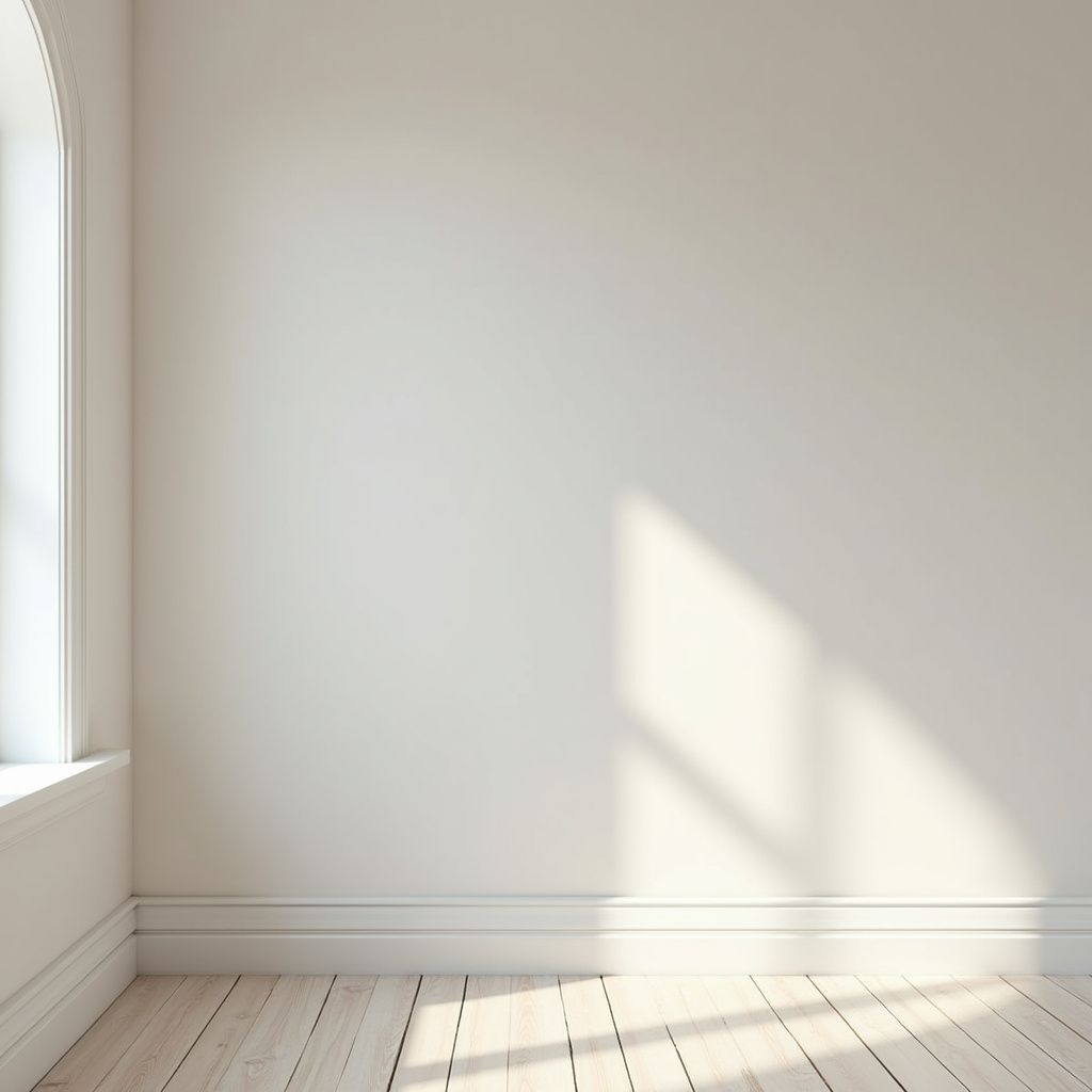 Empty white room with sunlight streaming through a window. Wooden floor and baseboards.