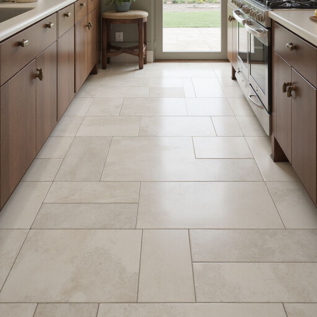 Cream-colored tile floor in a kitchen with wooden cabinets and a stainless steel oven.