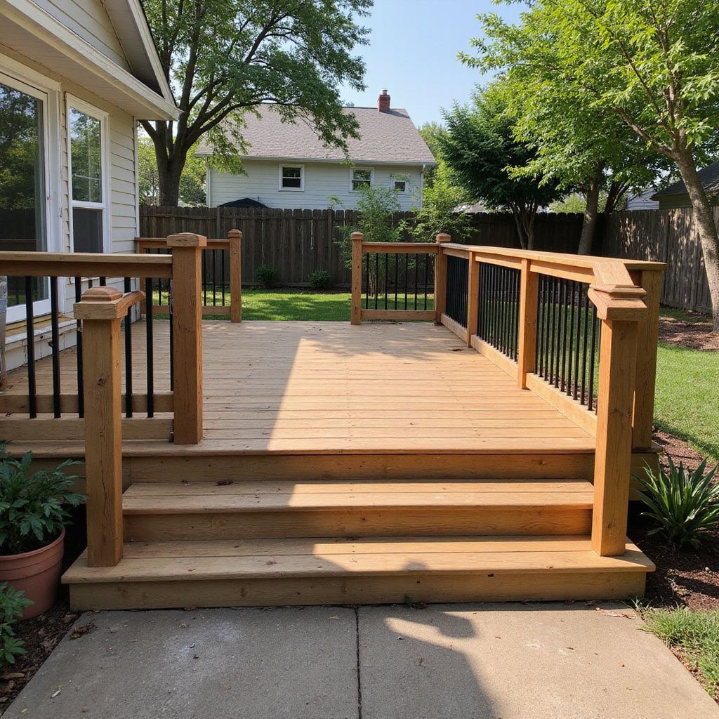Wooden deck with steps, black railing, and surrounding yard on a sunny day.