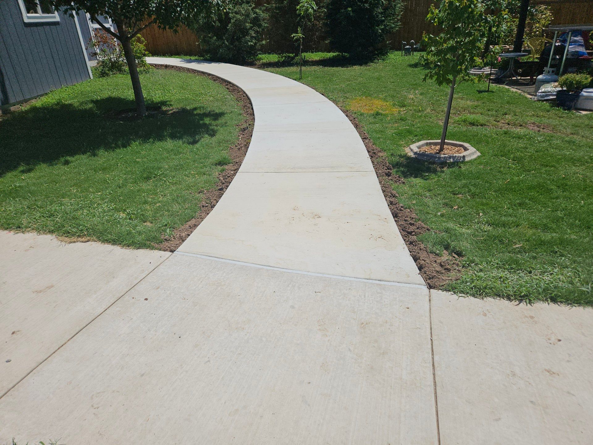 Curving concrete sidewalk through grassy yard, flanked by small trees and shrubs.