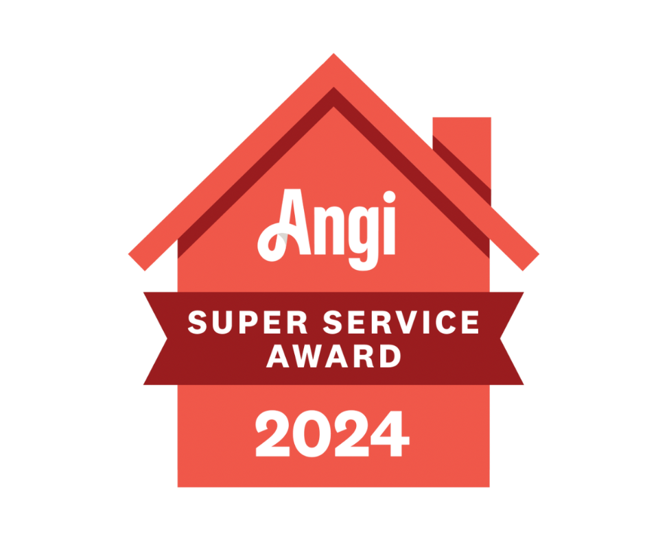 Angi Super Service Award 2024 badge: red house shape with Angi logo and ribbon banner.