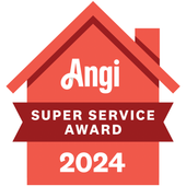 Angi Super Service Award 2024 badge: red house shape with Angi logo and ribbon banner.