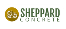Logo for Sheppard Concrete featuring a gold circle with a concrete truck graphic and green text.