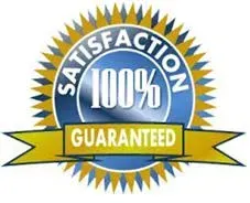 A blue, circular badge with a gold, star-burst border that says "100% SATISFACTION GUARANTEED."