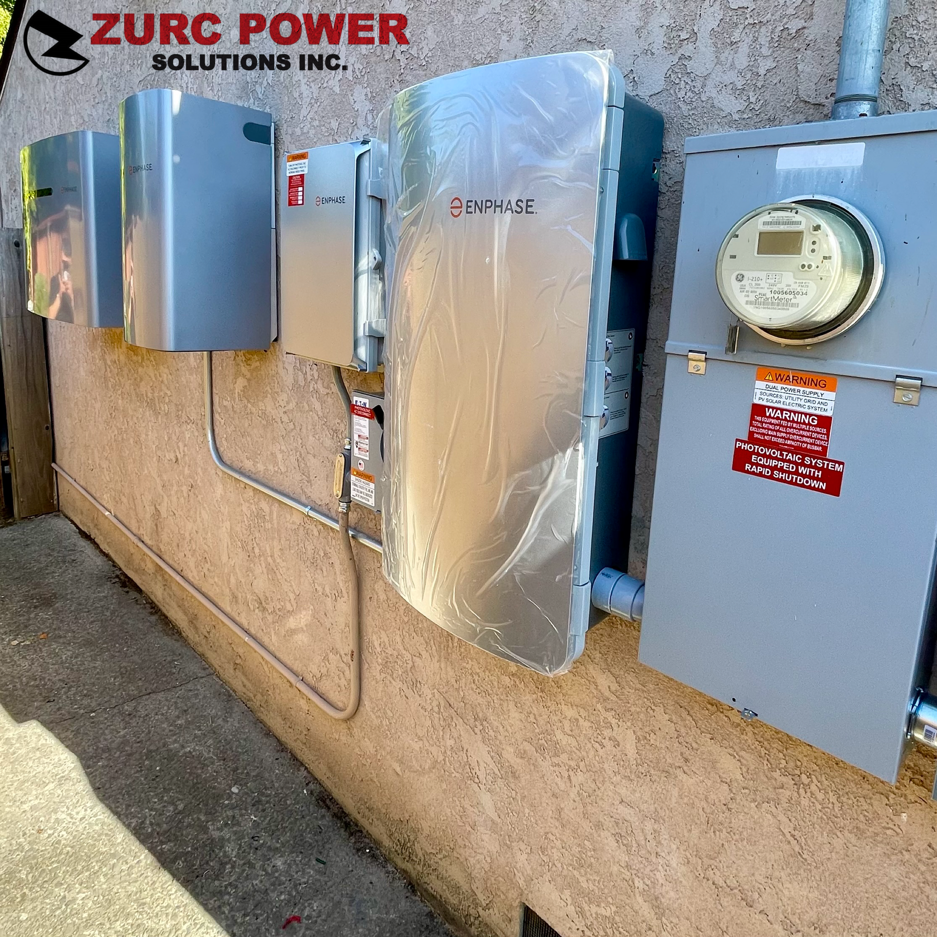 A row of electrical boxes on a wall with zurc power solutions inc. written on the bottom