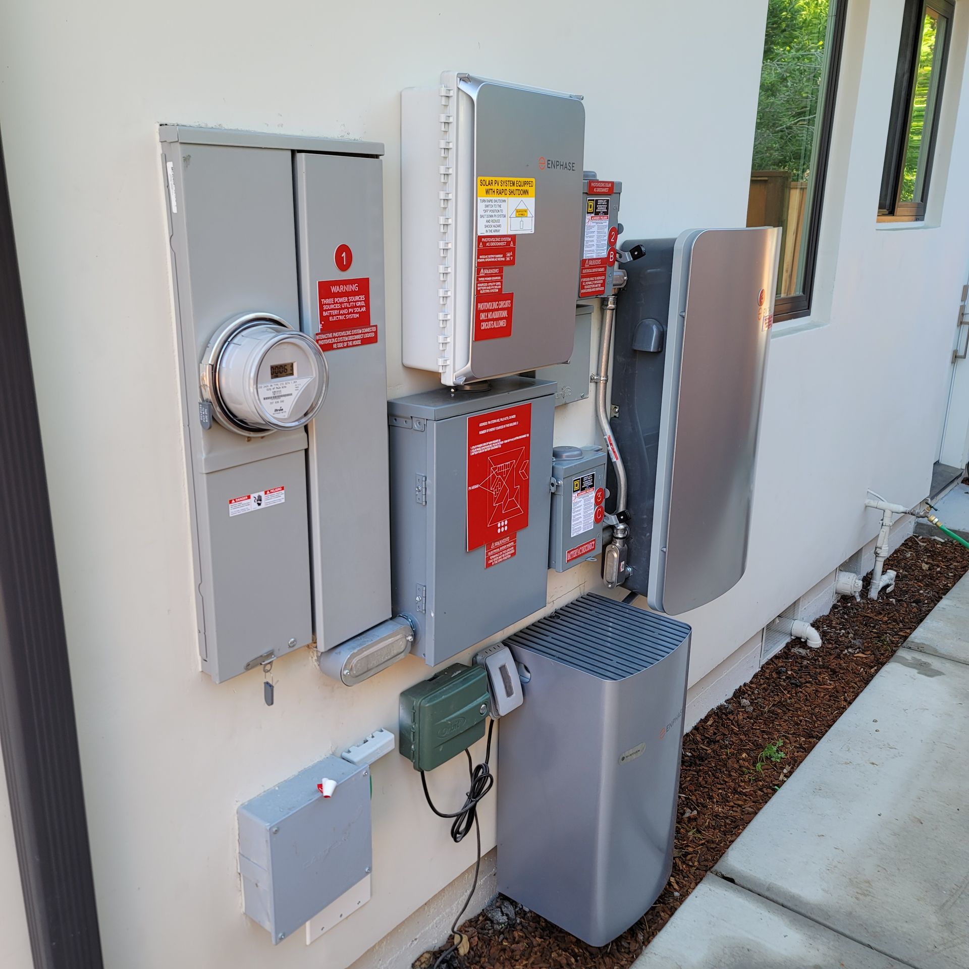 A bunch of electrical boxes on the side of a building