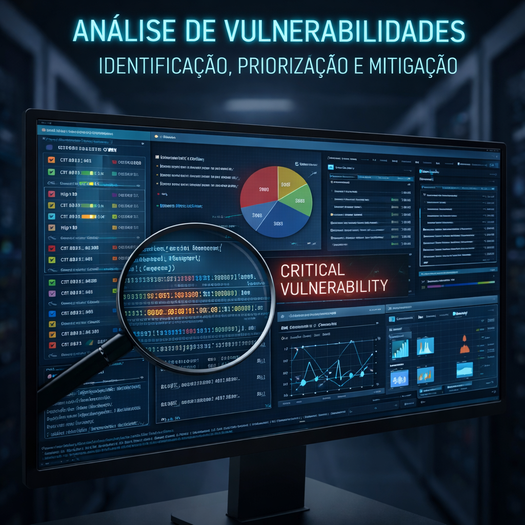 Monitor de computador exibindo painel de análise de vulnerabilidades com lupa focada no código; fundo de data center.