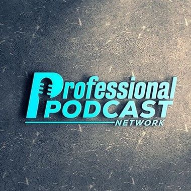 A logo for professional podcast network with a microphone on it