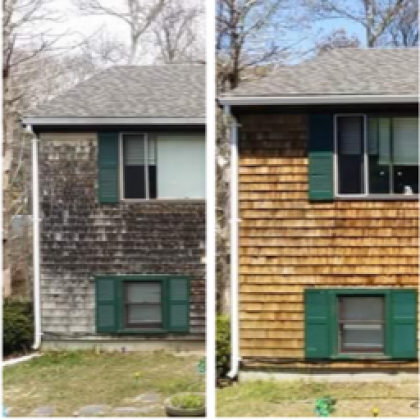 Side-by-side comparison of a house before and after cleaning: wood siding, green shutters, dark growth removed.
