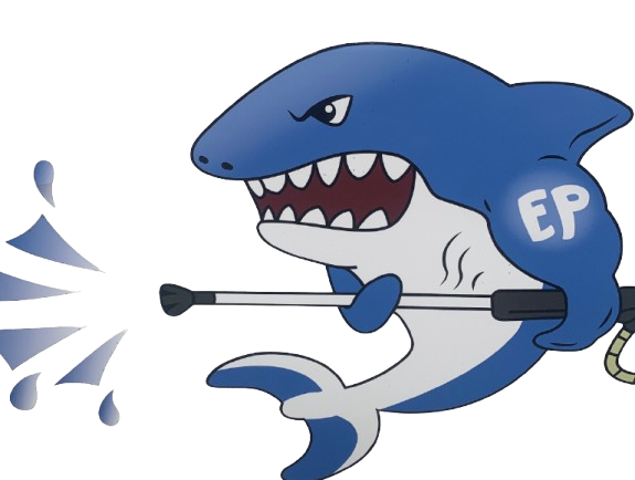 Blue shark with angry expression, spraying water with a pressure washer;